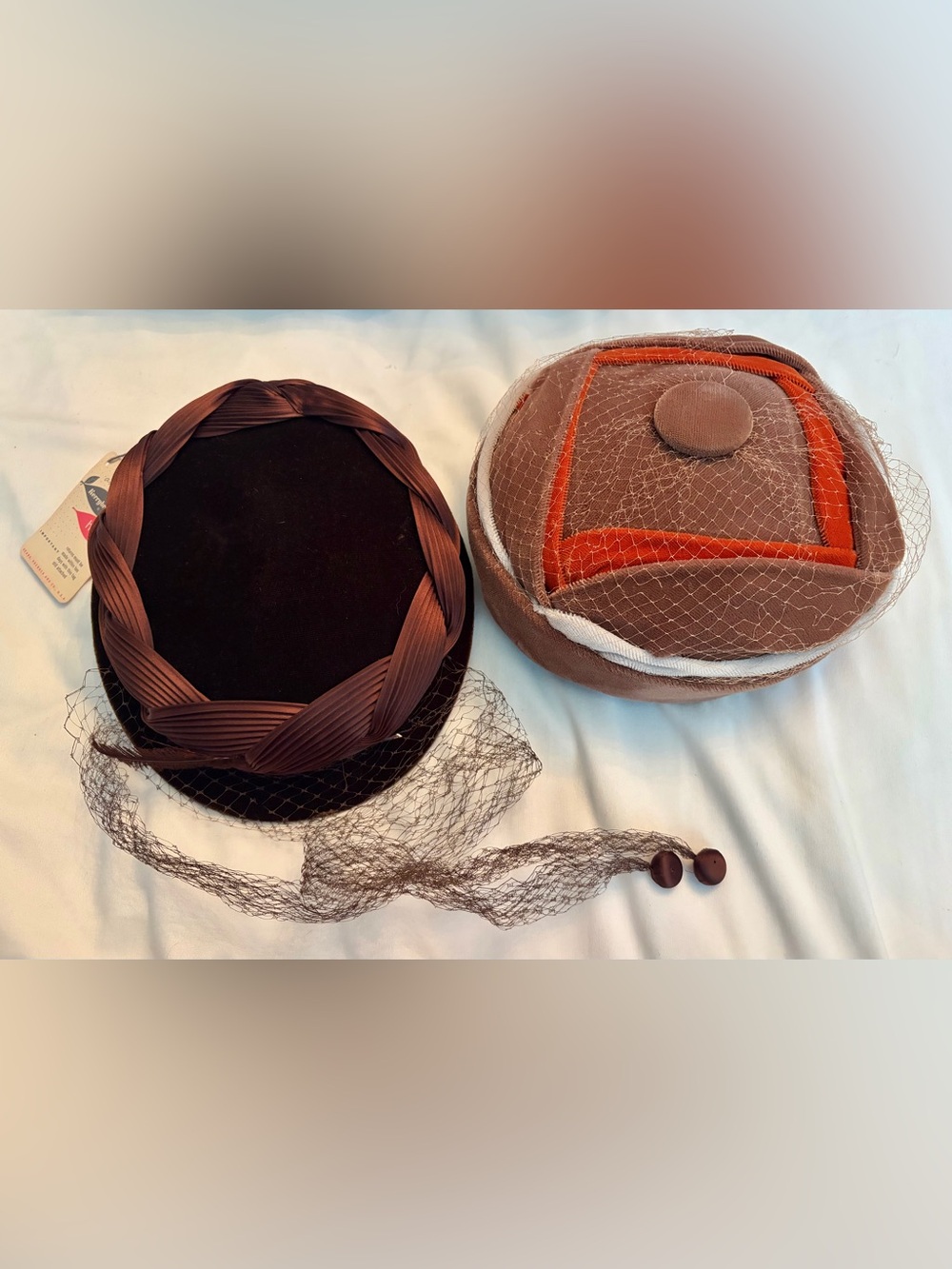1950s Veil Hat Lot Of 2 Dark Brown NWT + Light Brown, Orange & White Pillbox